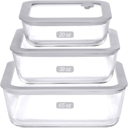 Glass Food Containers with Glass Lid, Microwave Safe Food Storage Container Set, 3 Pack, Square Shape, Food Containers with Lids, Meal Prep containers with Leak Proof Lid.