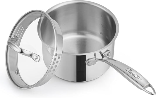 2 Qt Stainless Steel Saucepan with Glass Strainer Lid, 2 Quart Pot Stainless Steel Sauce Pan with Pour Spout, Mirror Polishing, Compatible with All Cooktops Dishwasher Safe Oven Safe