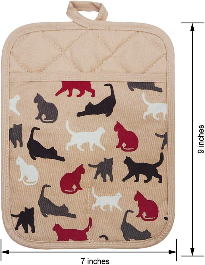 Pot Holders Set of 2 Heat Resistant 480 ℉ Kitchen Non Slip Clear Silicone Printed Comfortable Cotton Lining Women Men Cooking Barbecue Microwave Machine Washable (Cat, Khaki Potholders)