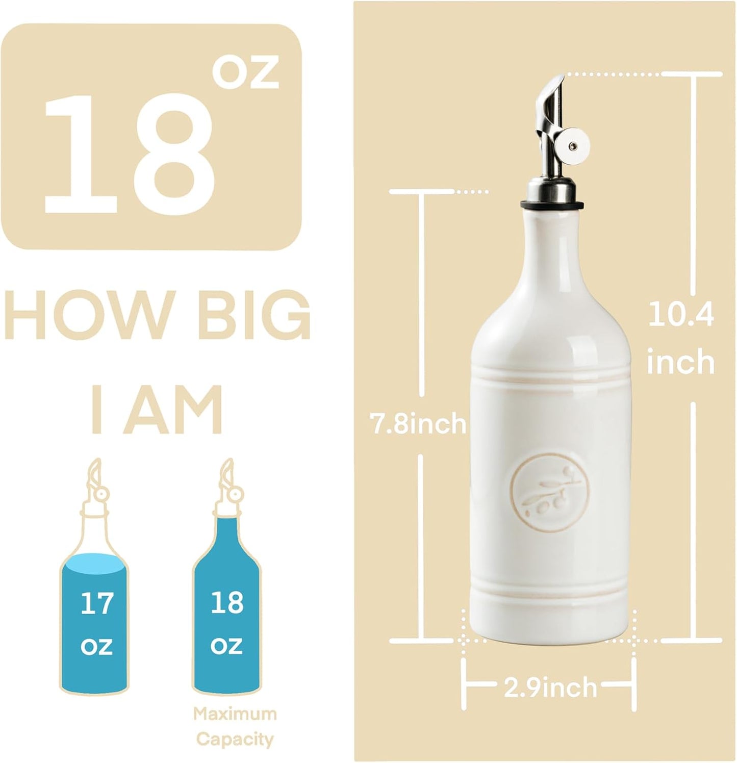 Olive Oil Dispenser Bottle with Spout, 18 oz Ceramic Oil Dispensers for Kitchen, Opaque Cruet, EVOO & Vinegar Bottle with Automatic Stainless Steel Pourer, Pack of 1