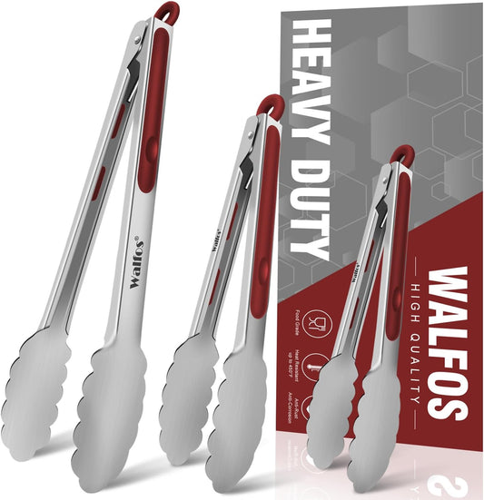 Walfos Stainless Steel Kitchen Tongs - 7, 9 & 12 Inch Heavy Duty Locking Metal Tongs for Cooking, BBQ Grilling, Set of 3 Non-Slip Grip (Wine Red)