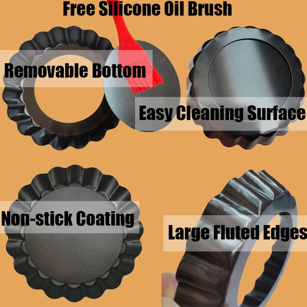 DATANYA 16 Pack Mini Tart Pans 4 Inch with Removable Bottom Round Nonstick Quiche Pan, Heavy Duty Fluted Side Tart Molds for Pies, Mousse Cakes, Dessert Baking