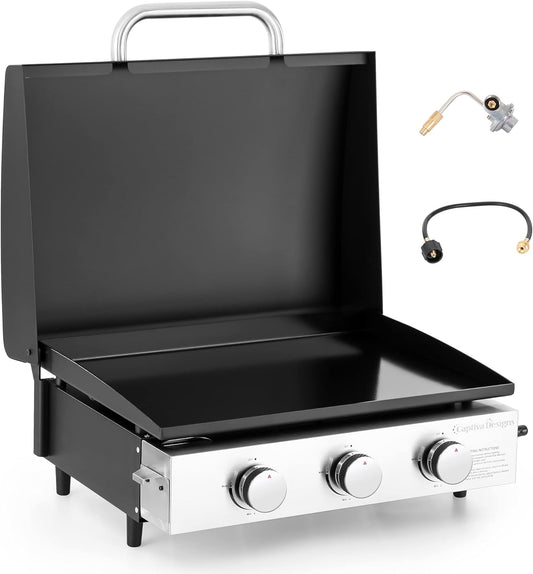 Captiva Designs 22 in Flat Top Grill with Ceramic Coated Cast Iron Pan, Portable Tabletop Propane Gas Griddle Grill for Camping, Outdoor & Tailgating Barbecue, 24,000 BTU Output, 3 Burners
