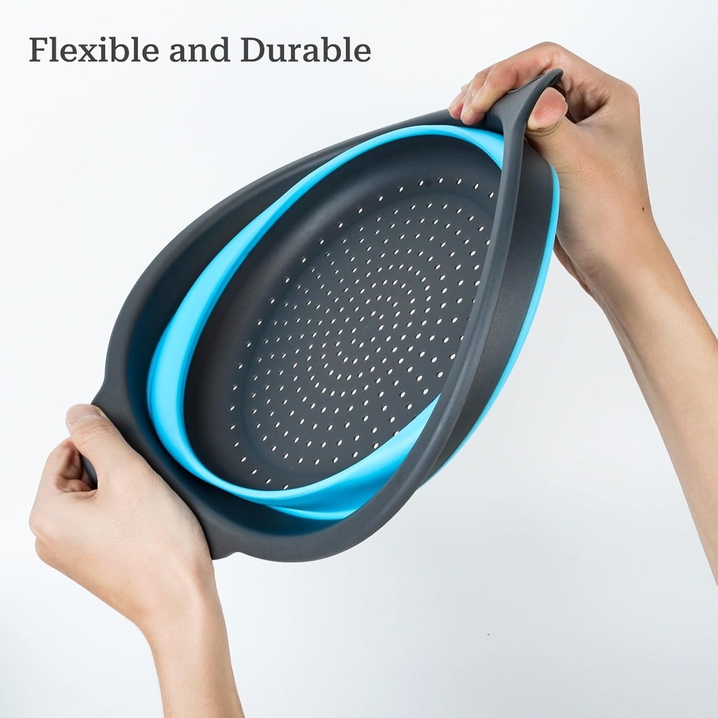 Collapsible Colander 3-Pack Set Space-Saving Foldable Kitchen Strainer with Non-Slip Base Durable Thickened PP+TPE Collapsible Strainers for Pasta, Vegetables, Fruits (Gray-Blue)