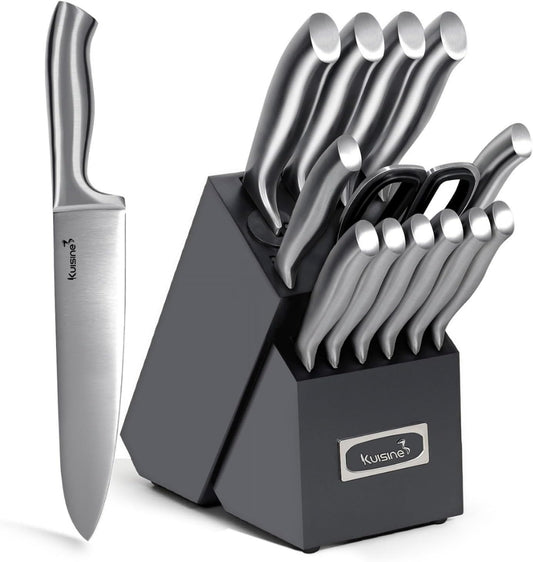 KUISINE Premium Chef Knife Set,High Carbon Stainless Steel Razor-sharp Blade Ergonomic Non-slip Steel Handle,Block Knife Set with Built-in Sharpener(Black Silver,15PCS)