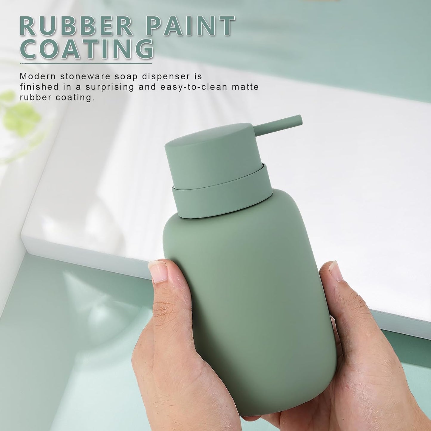 Ceramic Hand Soap Dispenser for Bathroom,16OZ Matte Dish Soap Dispenser for Kitchen Sink,Refillable Liquid Lotion Dispenser with Easy-to-Press Pump Rubber Paint (Green)