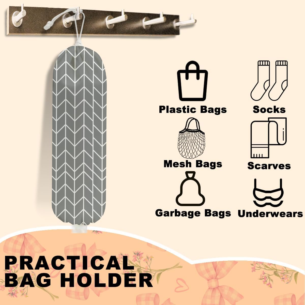 Gray Geometric Lines Plastic Bag Holder, Wall Mount Grocery Bag Holder for Plastic Bags, Abstract Art Kitchen Reusable Organizer Grocery Bags with Drawstring, Minimalist Gifts for Women Mom Grandma