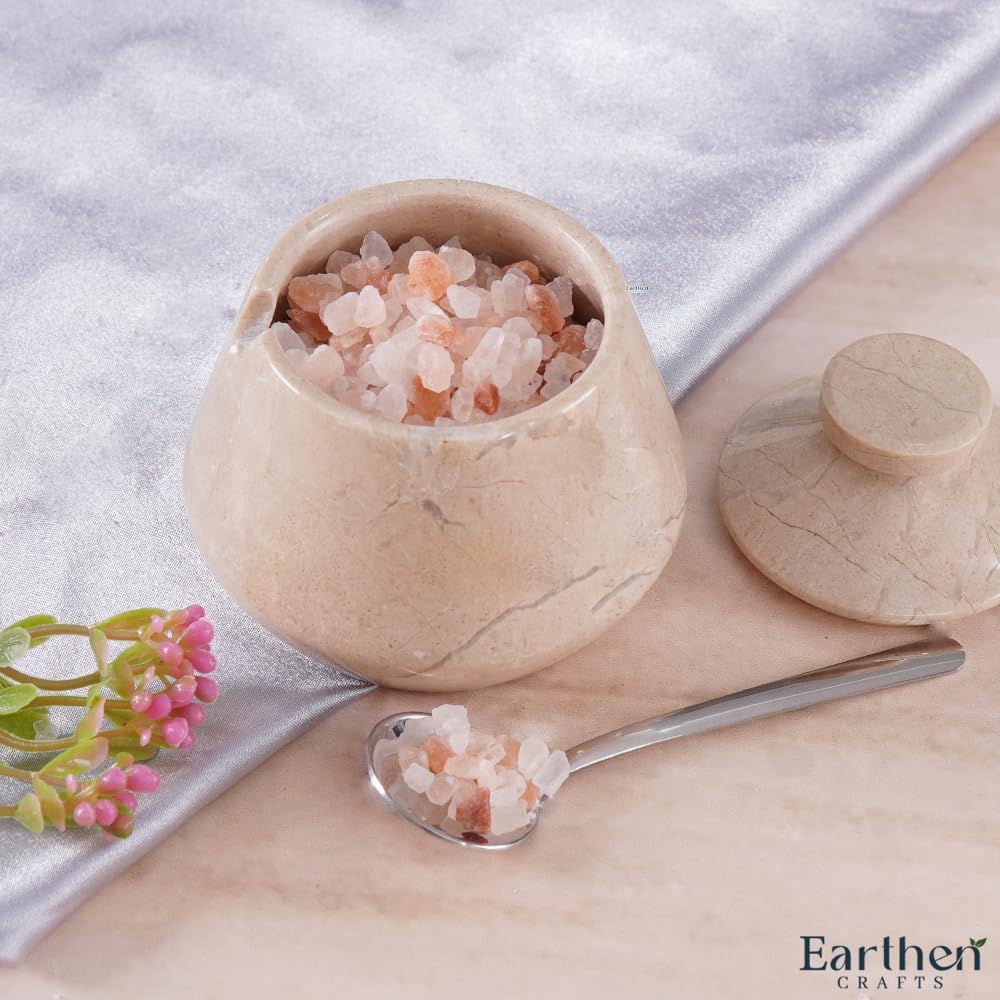 Marble Salt Cellar with Lid 3 Inch Verona Handmade Salt Box, Seasoning Container & Spice Jars with Spoon, Stone Salt Holder for Counter, Spice Jar