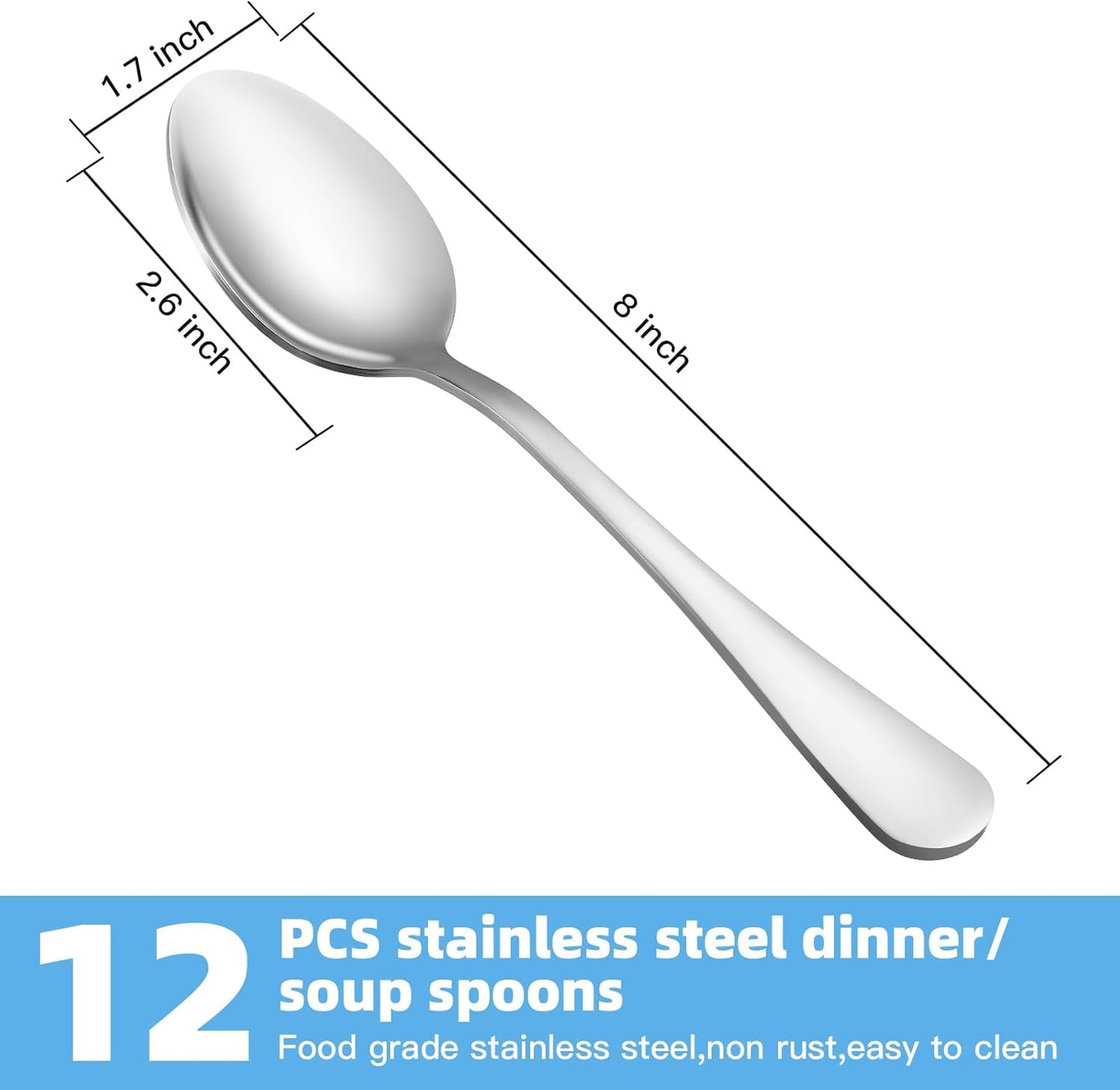 12 Pcs Dinner Spoons Set, Food-Grade Stainless Steel Large Tablespoons, Metal Cutlery Spoon, Soup Spoon, Spoons Silverware for Home, Kitchen or Restaurant, Mirror Polished, Dishwasher Safe 8 Inch
