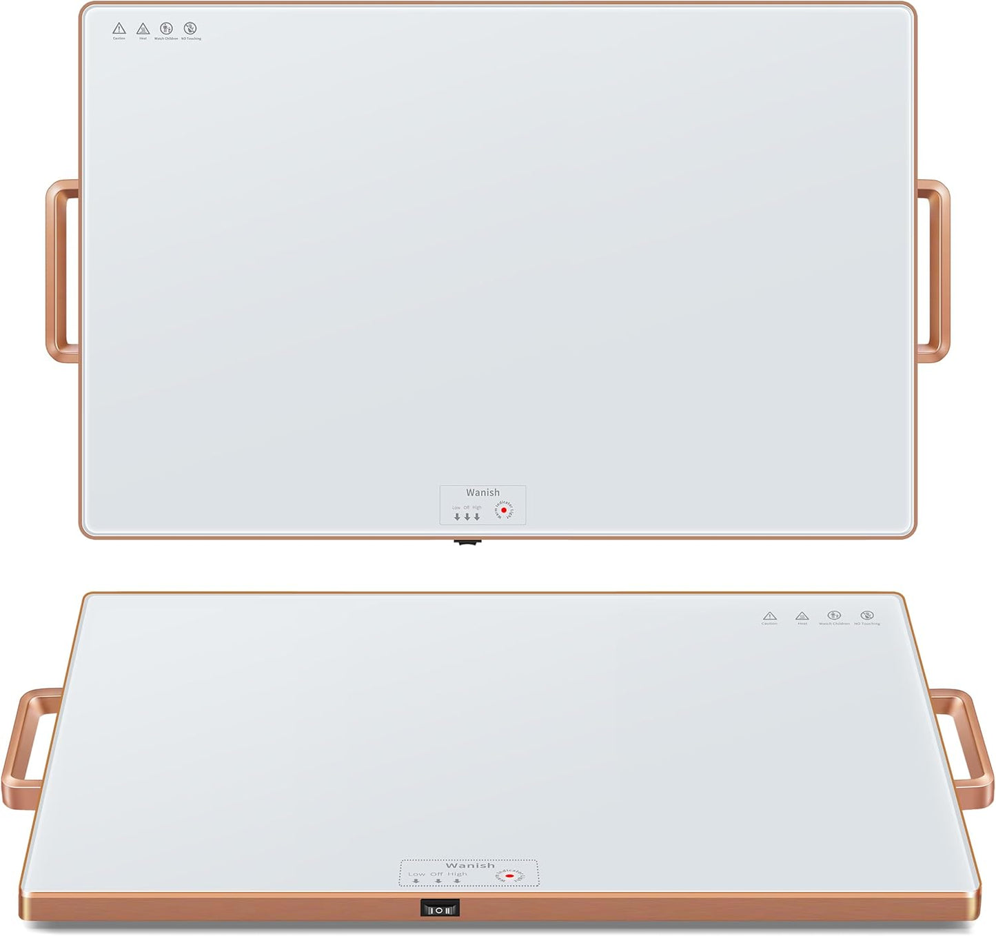 Electric Warming Tray (XXL 32”x18”)，Food Warmers for Parties Buffet with Thermostat&Full Surface Heating,Tempered Glass Warming Mat for Food, Temperature Adjustable Gold Handles Food Warming Mat,White