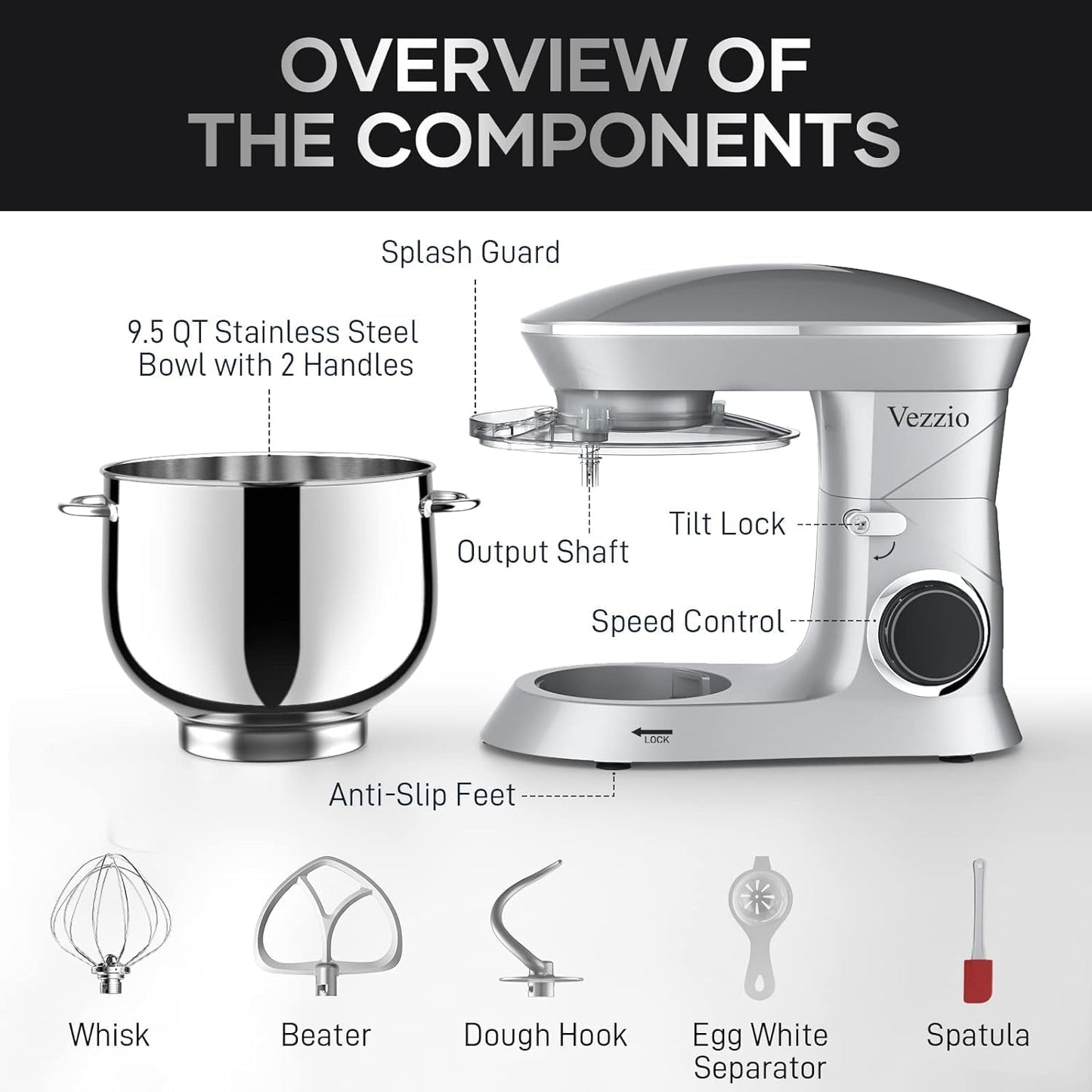 9.5 Qt Stand Mixer, 10-Speed Tilt-Head Food Mixer, Vezzio 660W Kitchen Electric Mixer with Stainless Steel Bowl, Dishwasher-Safe Attachments for Most Home Cooks(Silver)