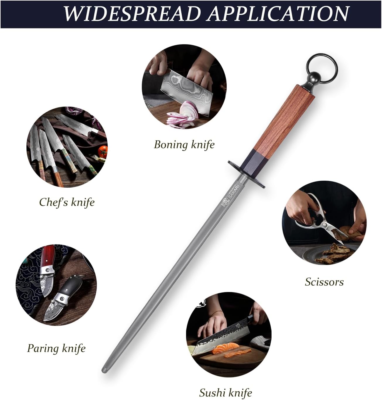 MITSUMOTO SAKARI 10 Inch Round Honing Rod, Japanese High Carbon Honing Steel (Sourwood Handle)