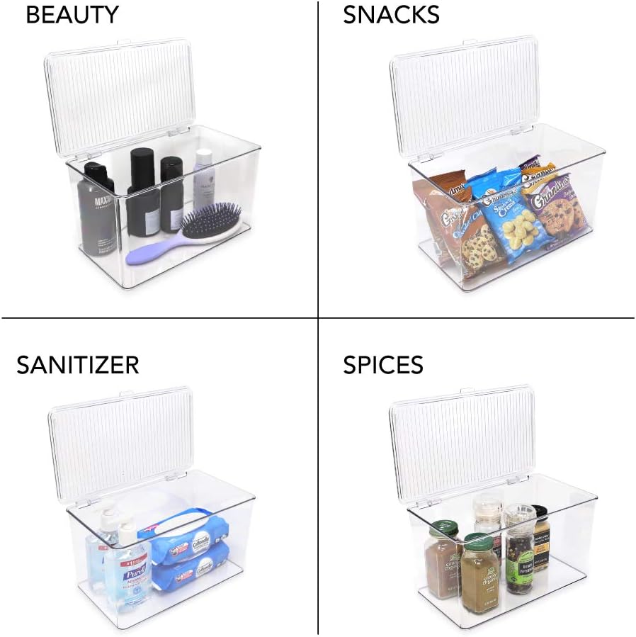 Isaac Jacobs Large Stackable Organizer Bin (10.75” x 6.5” x 6.1”) w Hinged Lid Clear Storage Box Home Office School Fridge Bathroom Kitchen Pantry Container BPAFree Food Safe (Large Clear)