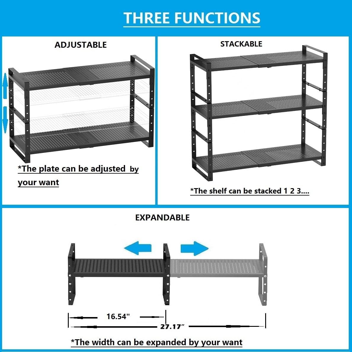 Expandable,Adjustable & Stackable Spice Rack, Cabinet Kitchen Countertop Shelf Organizer,Metal Pantry Storage Shelves - Space-Saving Storage Solution(1Pack/Black/Large)