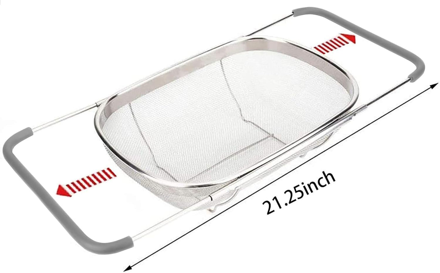 Over The Sink Colander, 6 Quarts Stainless Steel Oval Colander with Expandable Rubber Grip Handle, Fine Mesh Strainer Baskets Kitchen Colanders for Strain, Drain, Rinse Vegetables, Fruits, Grey