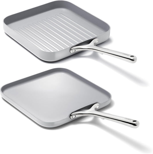 Caraway Griddle Pan & Grill Pan Duo - Non-Stick Ceramic Coated - Non Toxic, PTFE & PFOA Free - Oven Safe & Compatible with All Stovetops – Gray