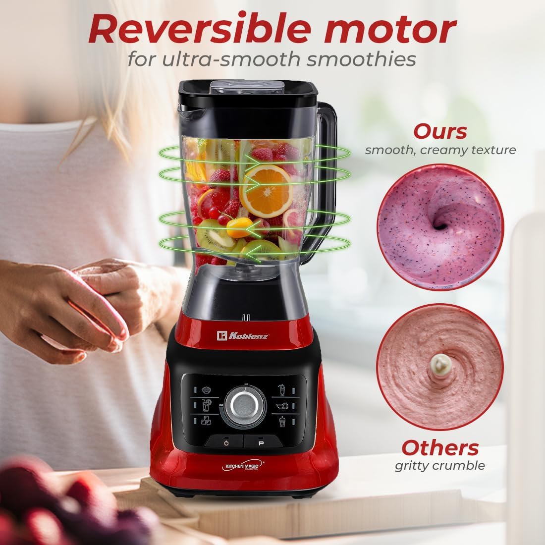 Koblenz Bob Blender, Countertop with Reversible motor, Speed Knob and 6 Functions, 1400-watt Motor, 68 oz. Capacity, Super Silent Operation, Includes 1 To-Go Cup and Tamper, Black/Red, LKM-9608