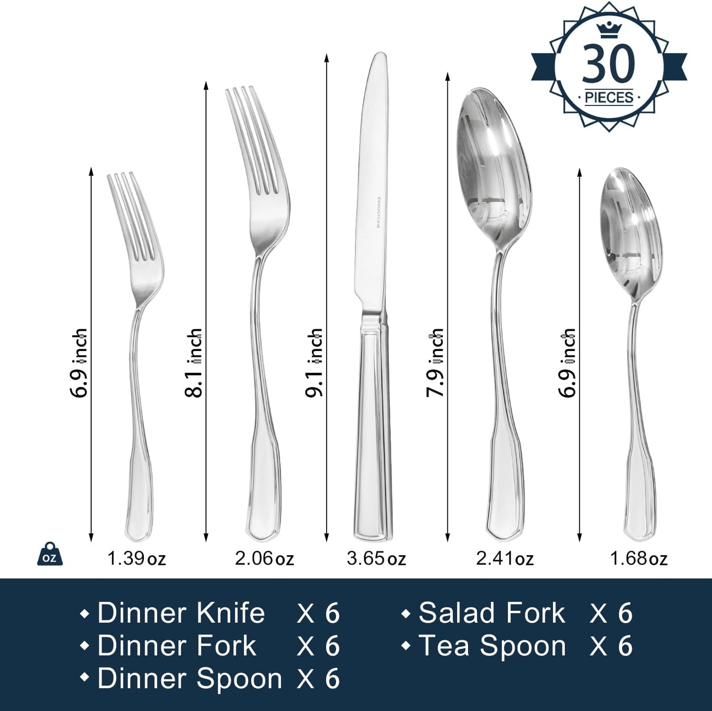 KINGSTONE 30-Piece Silverware Set, 18/10 Stainless Steel Flatware Set for 6, Tableware Cutlery Set, Utensil Sets for Home Restaurant, Mirror Finish, Dishwasher Safe