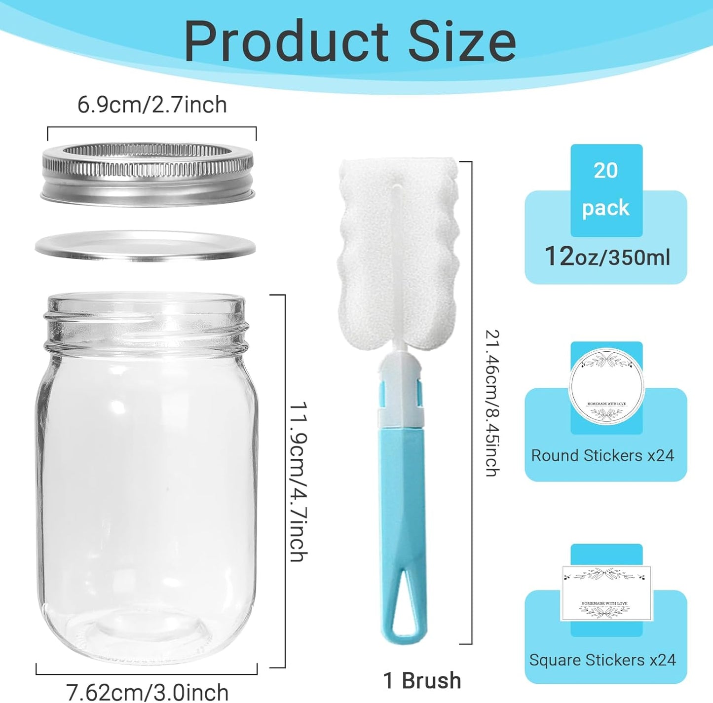 12 oz Glass Mason Jars, 20 Pack Regular Mouth Glass Canning Jars with Silver Aluminum Lids and Bands, Airtight Jam Jars for Food Storage, Pickling, Fermenting, Honey, Jelly, DIY Candles Decor