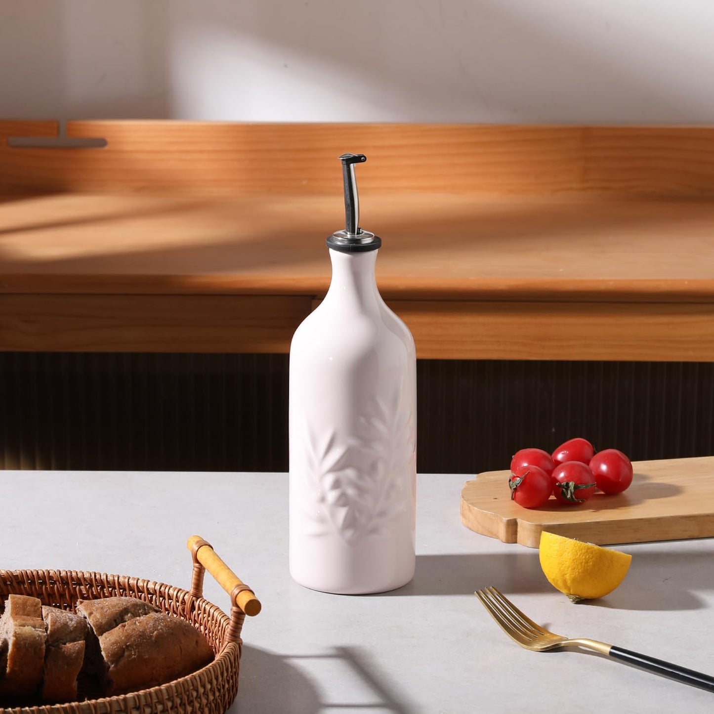 Sweejar Ceramic Olive Oil Dispenser Bottle, 20 Oz Relief Opaque Oil Cruet Protects To Reduce Oxidation, Suitable for Storage Vinegar, Soy Sauce,Liquids,Set of 1 (Rose Pink)