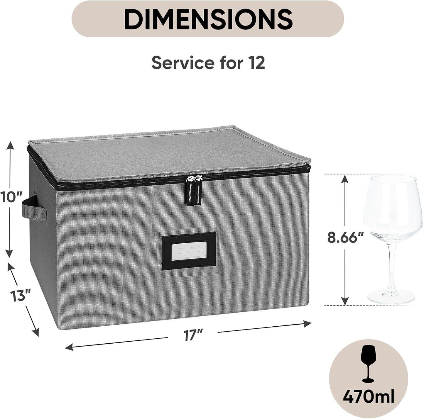 BALEINE China Storage Containers, Sturdy Quilted Wine Glass Storage, Plate Organizer with Carry Handles, Moving Boxes for Dishes, Cups, Mugs and Stemware (Wine Glass, Hard Shell Grey)