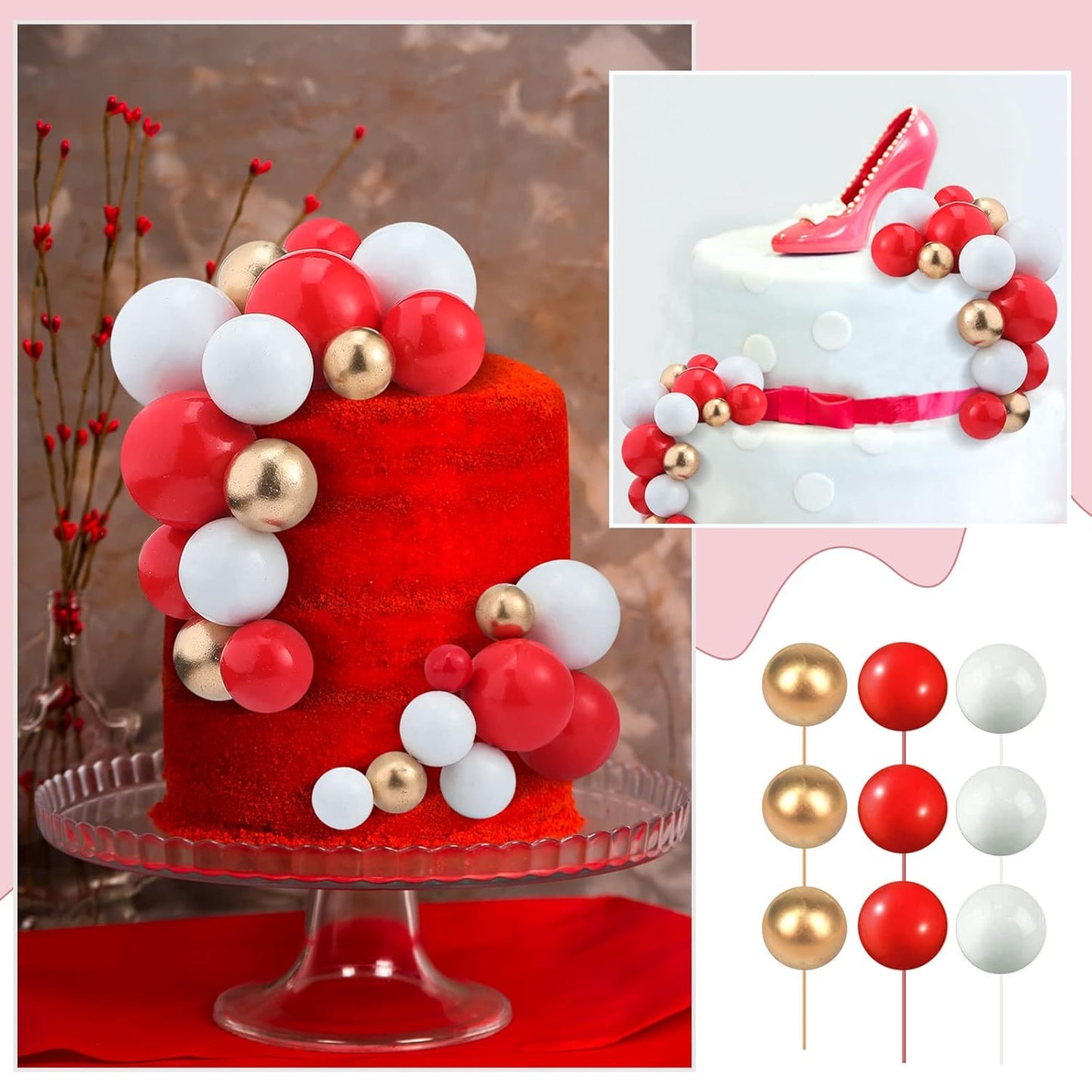108 Pcs Balls Cake Topper DIY Cupcake Insert Foam Balloons for Cake Baking Wedding Anniversary Birthday Decoration(Red, White, Gold,Multi Sizes)