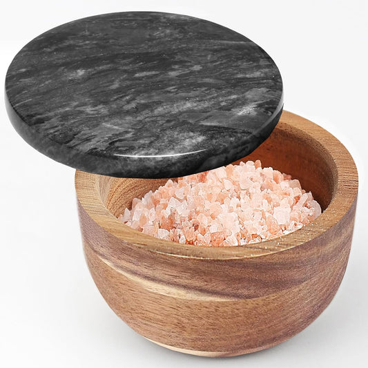 Large Wood Salt Box salt cellar with Spoon Spice Seasonings Keeper Salt Container Solid Natural Acacia Base Black Marble Lid Decorative Box salt keeper Big Capacity Spice Cellar