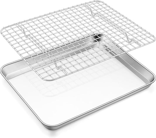 E-far Stainless Steel Baking Sheet with Wire Rack Set, 12.5” x 9.7” Cookie Sheet Broiling Pan for Oven, Rimmed Metal Tray with Cooling Rack for Cooking Roasting, Non-Toxic & Dishwasher Safe