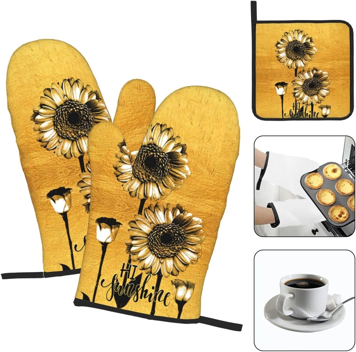 Sunflower Oven Mitts and Pot Holders Sets, Heat Resistant Gold Kitchen Oven Glove for Kitchen BBQ Baking Grilling Cooking, Sunflower Gifts for Women Cooks Bakers Cooking Lover