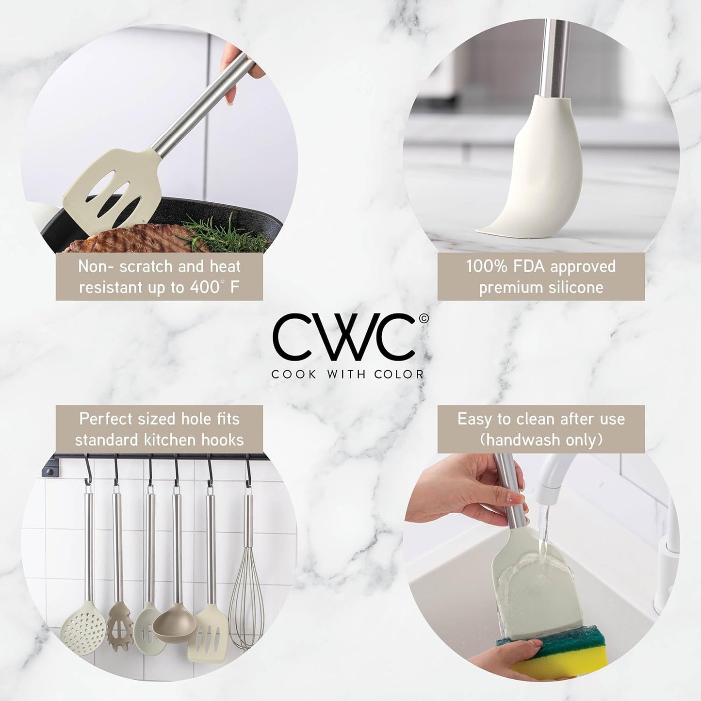 COOK WITH COLOR Silicone Cooking Utensils, Kitchen Utensil Set, Easy to Clean Silicone Kitchen Utensils, Cooking Utensils for Nonstick Cookware, Kitchen Gadgets Set, 10 Pieces, Brown