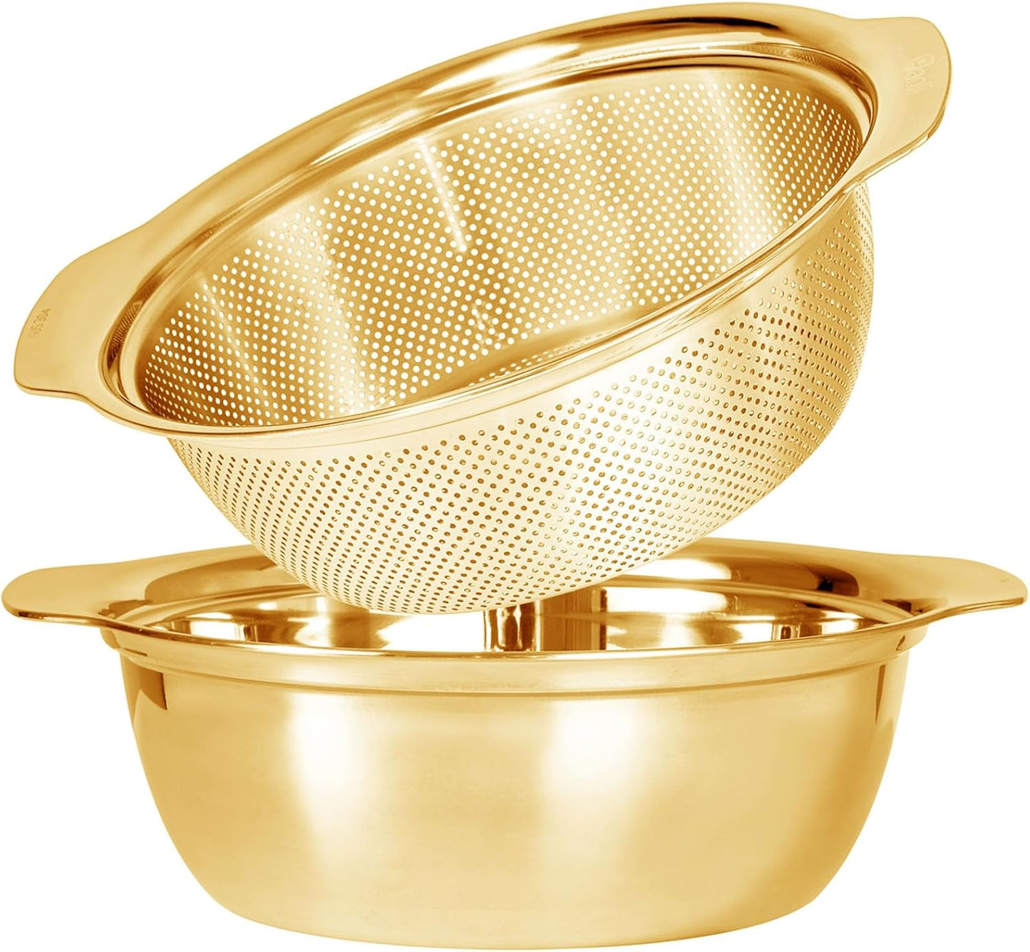 304 Stainless Steel Microporous Colander with Handle, Rice Washers Microporous Strainer Set For washing vegetables, fruits and rice, and draining cooked pasta(3.5QT with handle-Gold)