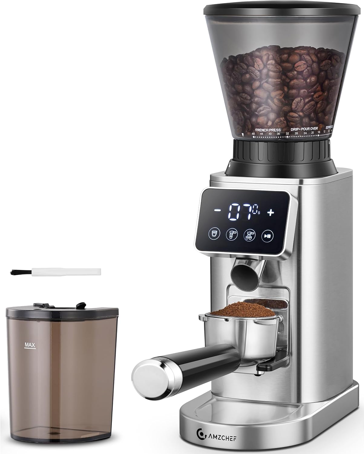 AMZCHEF Coffee Grinder, Coffee Bean Grinder for Home Use with Precise Grinding, LED Control Panel, Detachable Funnel Stand, Anti-static Design, 45 Grind Settings, Silver