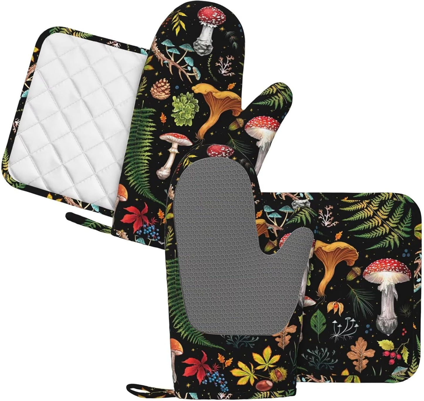 Mushroom Oven Mitts and Pot Holders Sets Silicone Mushrooms Kitchen Mitts Potholders Heat Resistant 4Pcs Oven Gloves Hot Pads for Kitchen Baking Cooking BBQ Grilling