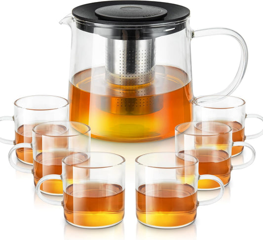 Glass Teapot 51oz/1500ml with 6 Pack Tea Cups Gift Set, Removable Stainless Steel Infuser Tea pot, Heatproof Borosilicate Glass Tea Make, Stovetop Safe Glass Tea Kettle for Loose and Blooming Leaf Tea
