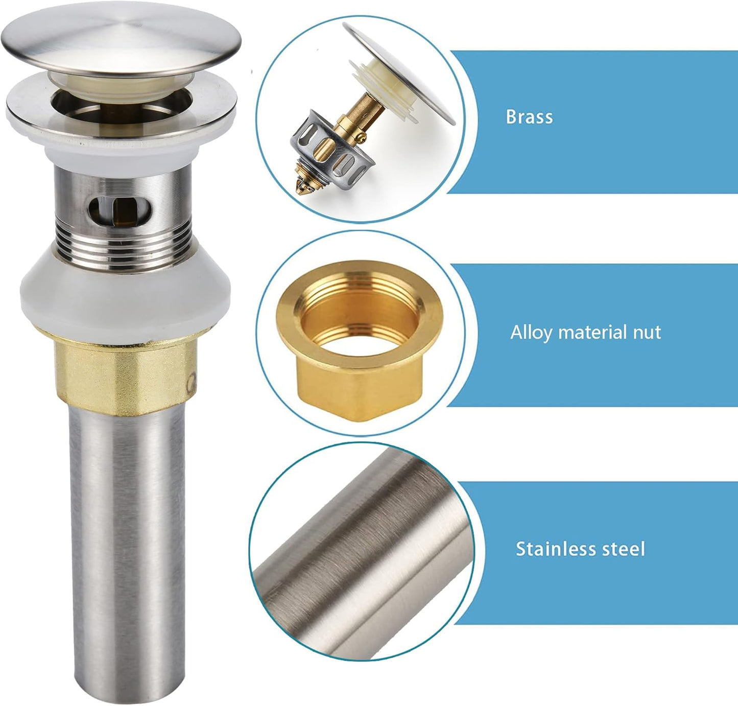 Bathroom Sink Drain,Drain Stopper Bathroom Sink with Overflow,Pop Up Drain Assembly with Detachable Strainer Basket,Built-in Anti-Clogging Strainer,Stainless Steel Brushed Nickel