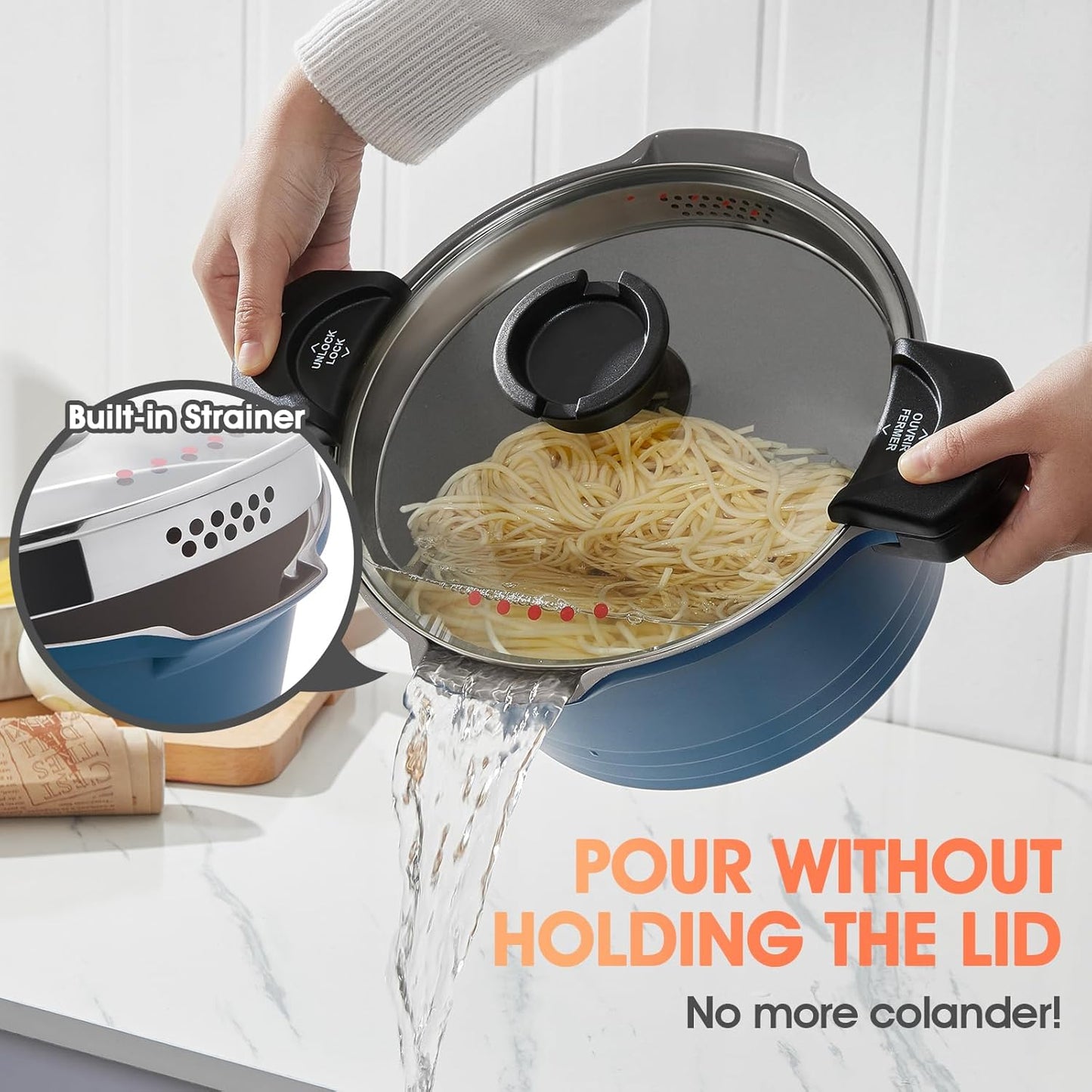 ACTIV CUISINE 8.5qt Pasta Pot with Strainer Lid, Cast Aluminum Stockpot Multipot, Nonstick Ceramic Coating make Cleanup easy with Tempered Glass Lid, Dishwasher Safe, Induction, Blue