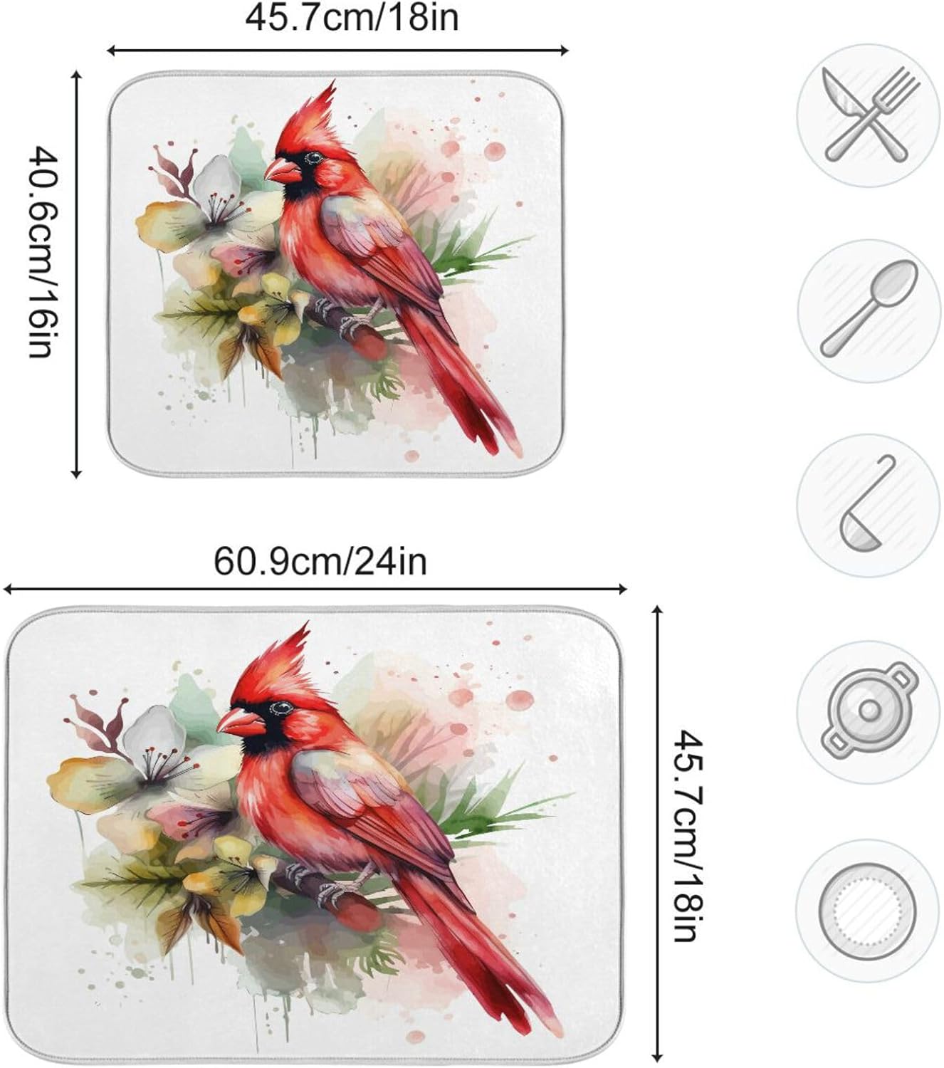 Cute Cardinal Christmas Dish Drying Mat for Kitchen Counter Absorbent Microfiber Drying Pad, Medium 16x18 in, Reversible Drainer Mats