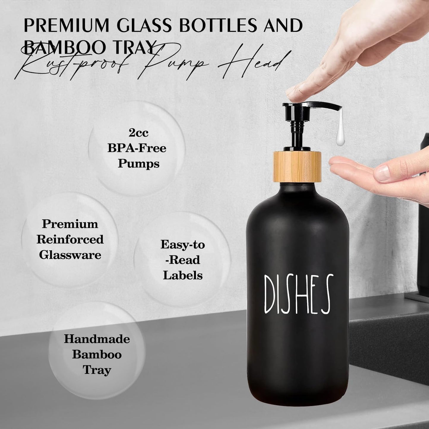 Arktek Glass Soap Dispenser Set with Tray, 2 Pack Hand and Dish Soap Dispenser Set for Bathroom and Kitchen Bottle Dispenser with Dish Soap, Hand Soap, Lotion 17 Oz (2 Black)