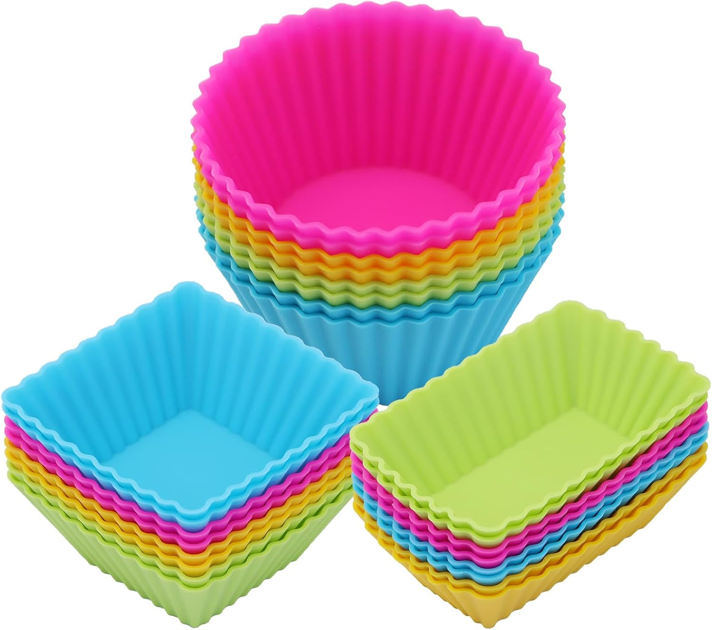 24Pack Silicone Muffin Cups, Reusable Cupcake Liners Molds for Baking, 3 Shapes Lunch Box Bento Dividers-Round, Square, and Rectangular (Colorsful, Large Size)