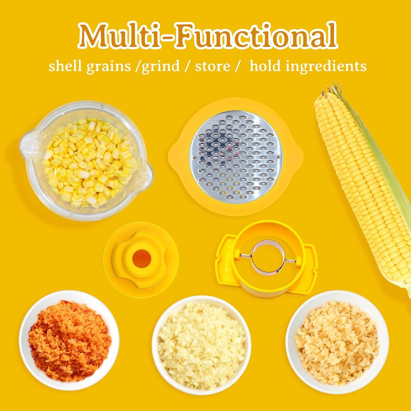 Corn Cob Stripper and Peeler Tool with Bowl, Multifunction Quick Corn Kernel Cutter Set with Grinder, Fast Kernel Peeler for Corn on The Cob, Non-Slip Base for Kitchen