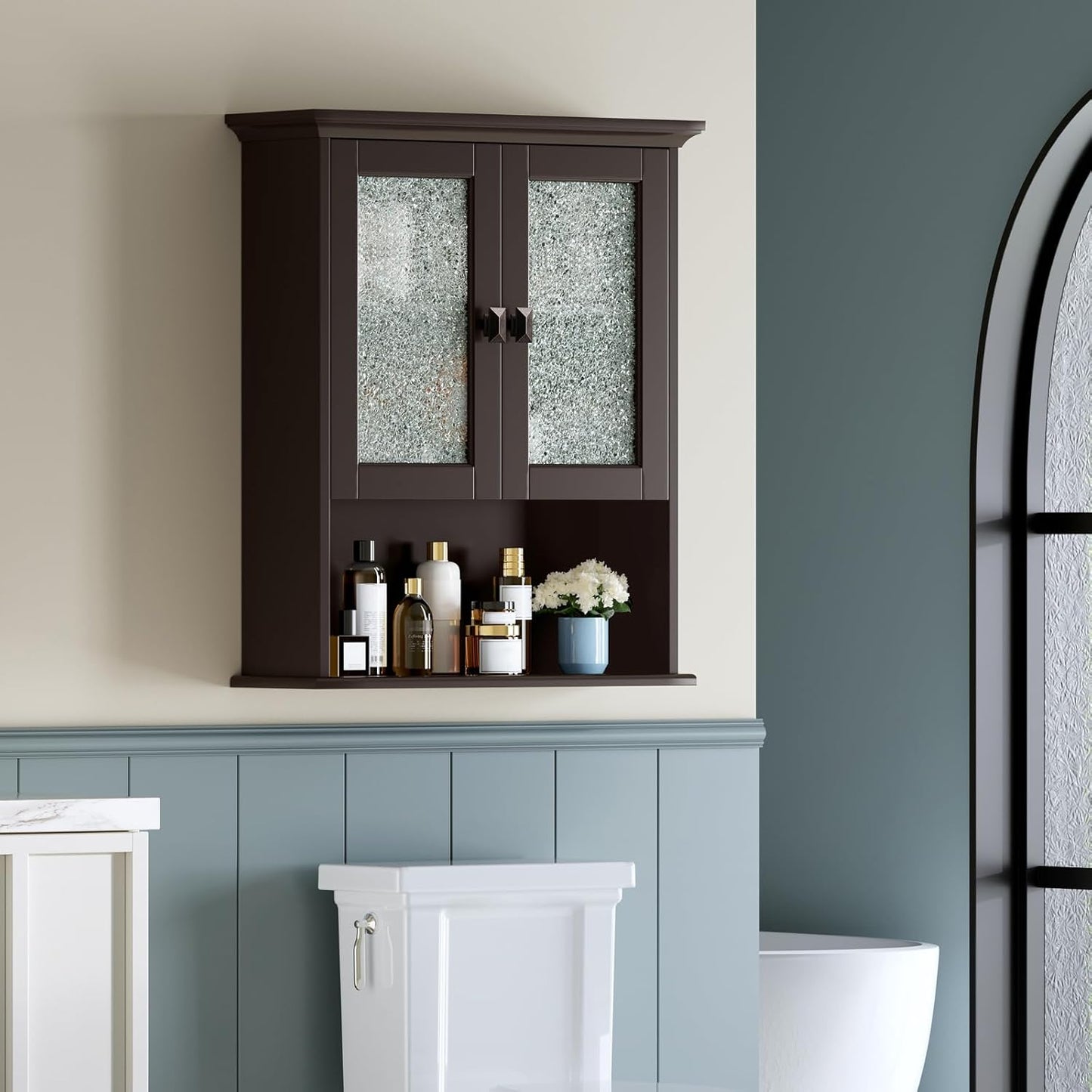 Bathroom Cabinet Wall Mount, Medicine Cabinet Over Toilet Storage Cabinet with Glass Door Build-in Spirit Level Cupboard Hanging Storage for Bathroom Laundry Kitchen Living Room (Espresso)