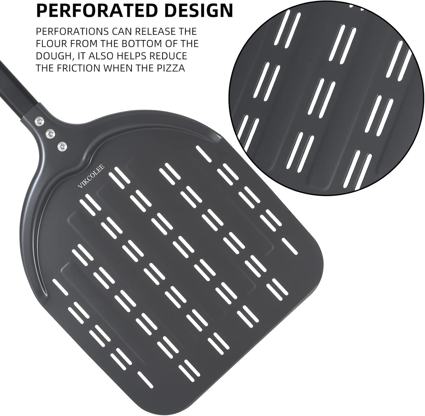 Perforated Pizza Peel, 12 x 14 Inch Rectangular Pizza Turning Peel, Professional Anodized Aluminum Turning Pizza Spatula, 26 inch overall
