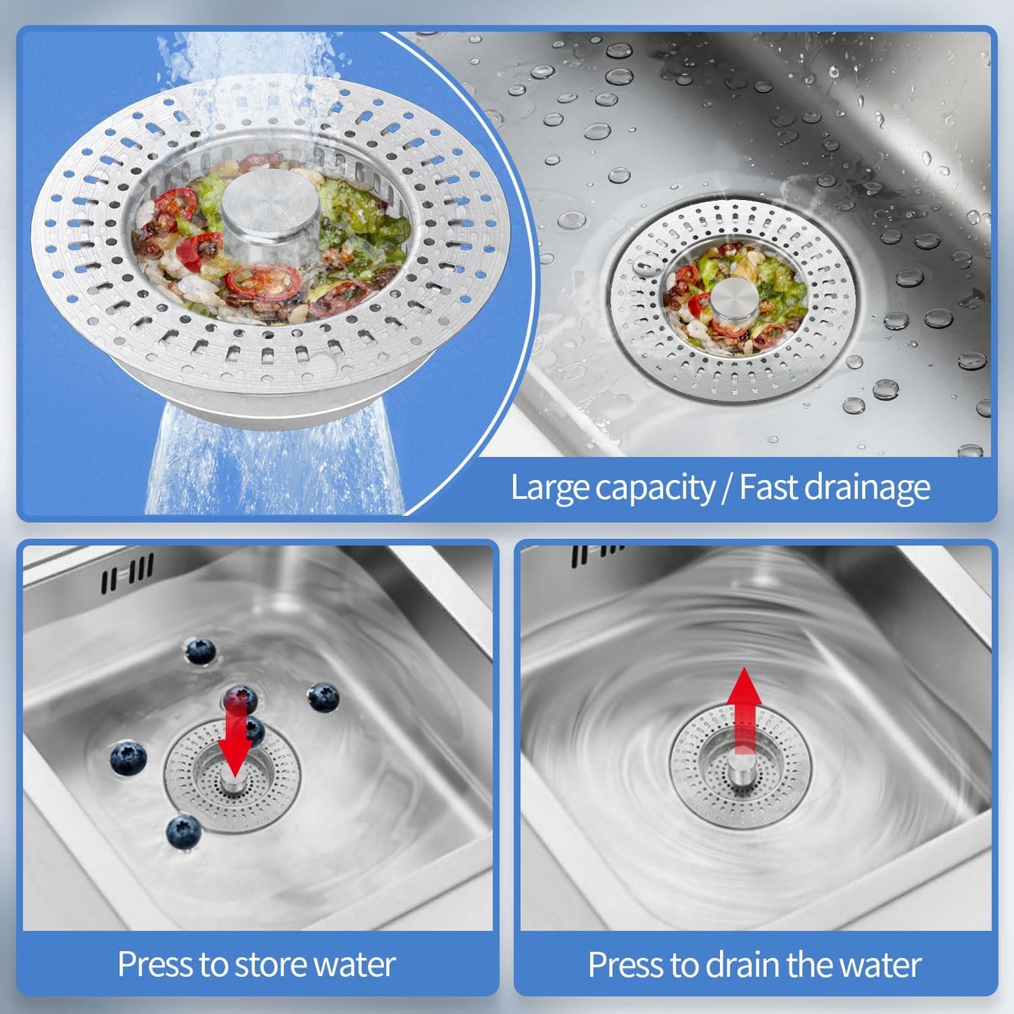 Upgraded 3 in 1 Kitchen Sink Drain Filter - Stainless Steel Sink Stopper, Anti-Clogging Sink Food Catch Basket, Quick Drain Odor Filter Sink Stopper(Silver-2pcs)
