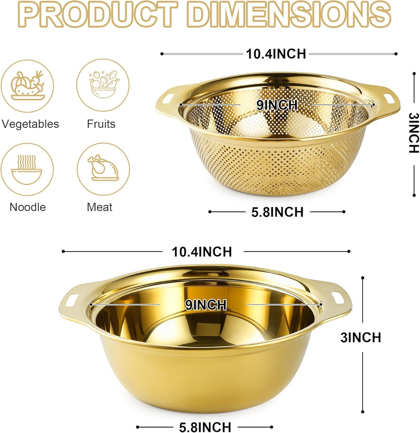 Colander 304 Stainless Steel 3-quart with Mixing Bowls, Strainer for Kitchen Food For washing vegetables, fruit, rice, Dishwasher Safe. (Gold 2PC)