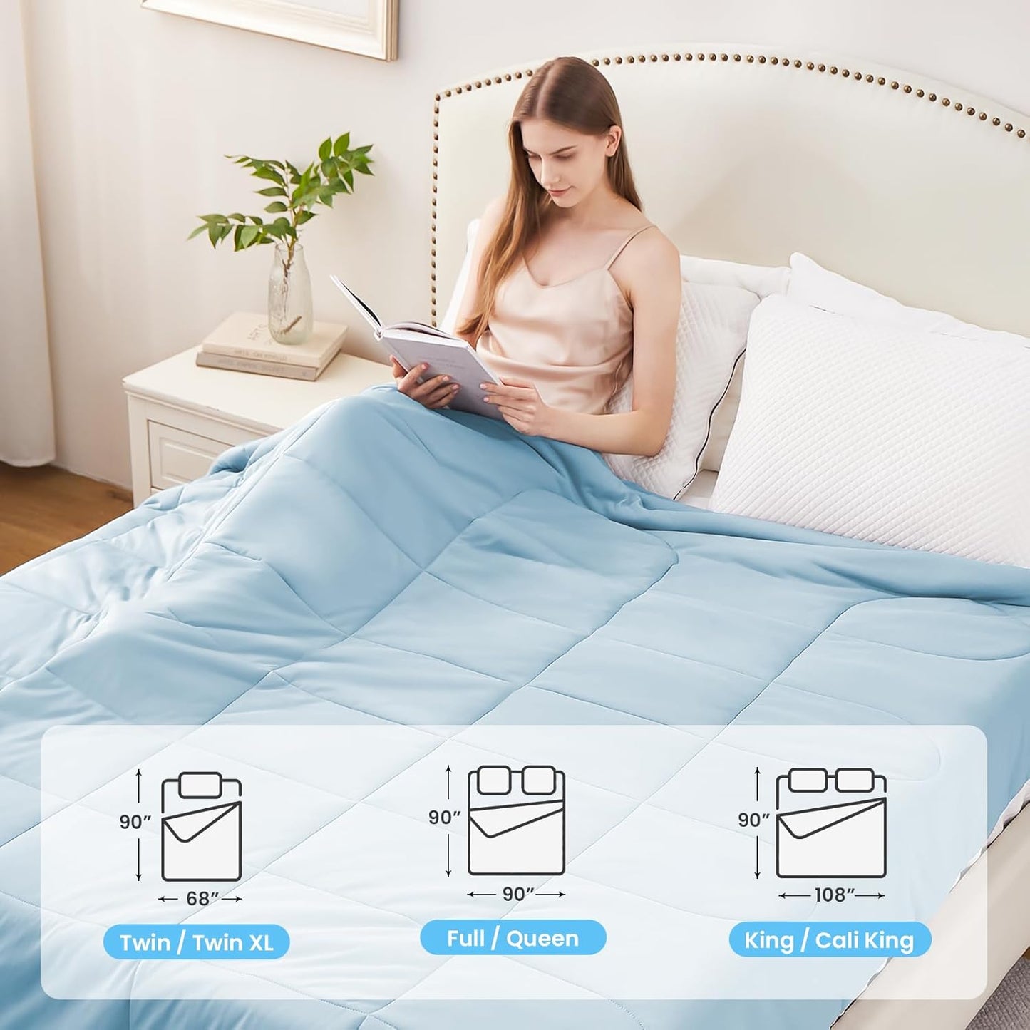 HYLEORY Cooling Comforter King Size - Summer Cooling Blanket for Hot Sleepers/Night Sweats, Double-Sided Cold Touch Silky Ice Comforters, Breathable Lightweight Beddings, Cool Blue, 108"x90"