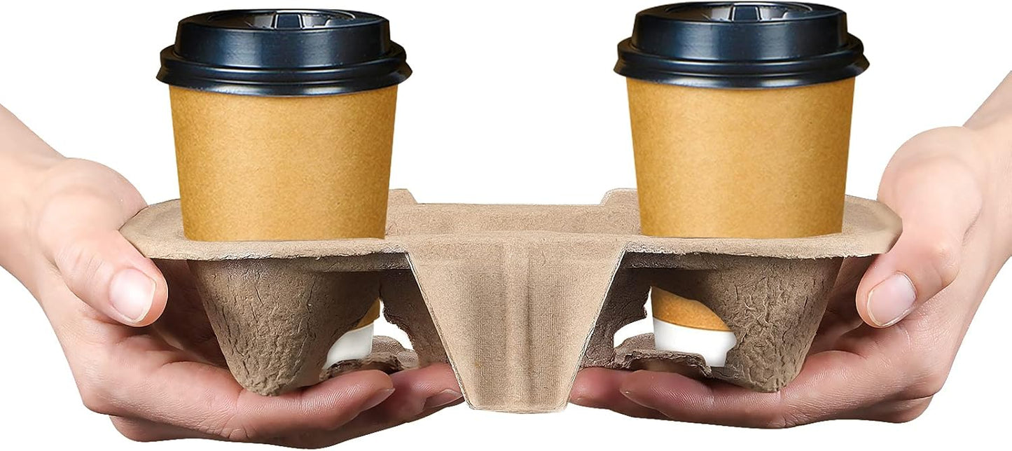 HAKZEON 100 Pack Fiber 2 Cup Holders, To Go Coffee Cup Holder, 2 Cups Pulp Fiber Drink Carrier, Drink Carrier Trays for Coffee Shops, Grocery Stores, Takeaway Restaurants, Drink Shops