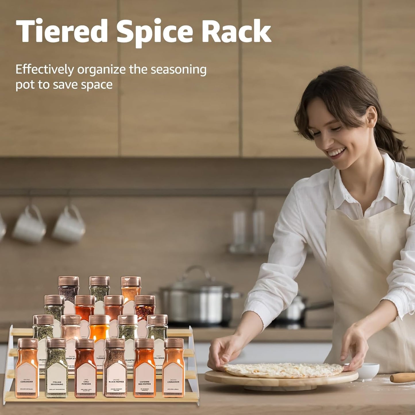 nianfeng Tiered Spice Rack, 4-Tier Spice Pantry Kitchen Cabinet Organizer, 19.9-Inch, Natural Wood Acrylic Stair Riser Stand, Countertop Seasoning Shelf