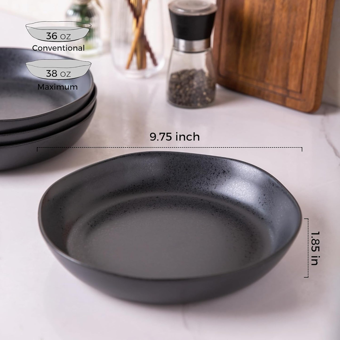 AmorArc Ceramic 9.75 inch Large Flat Pasta Bowls, 38oz Wide Bowls Set of 4 for Kitchen, Oven,Microwave&Dishwasher Safe Bowls with Wavy Rim for Pasta Salad Dinner, Speckled Black