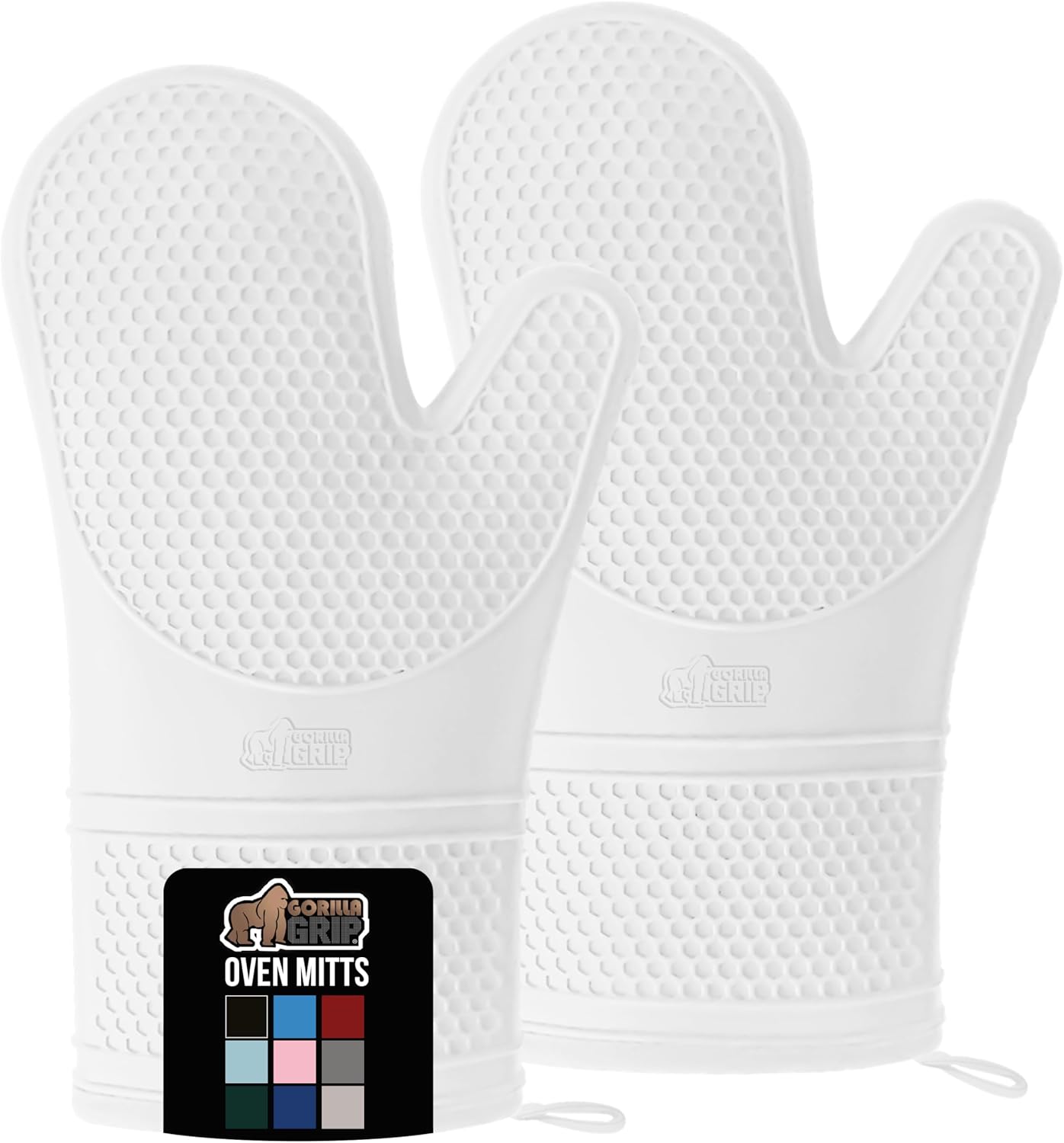 GORILLA GRIP BPA-Free Soft Silicone Oven Mitts, Heat Resistant and Waterproof Cooking Gloves, Thick Cotton Lining, Flexible Gripping for Baking Grilling, Kitchen Potholders Set of 2, 12.5x8.3, White