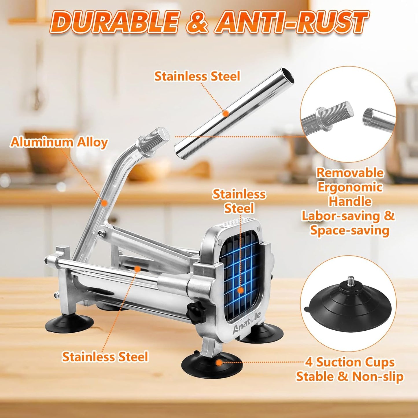 Anatole Professional French Fry Cutter Stainless Steel with 3/8'' 1/2'' Blades Manual Potato Slicer Veggie Chopper Homestyle Dicer for Onions Carrots Cucumbers